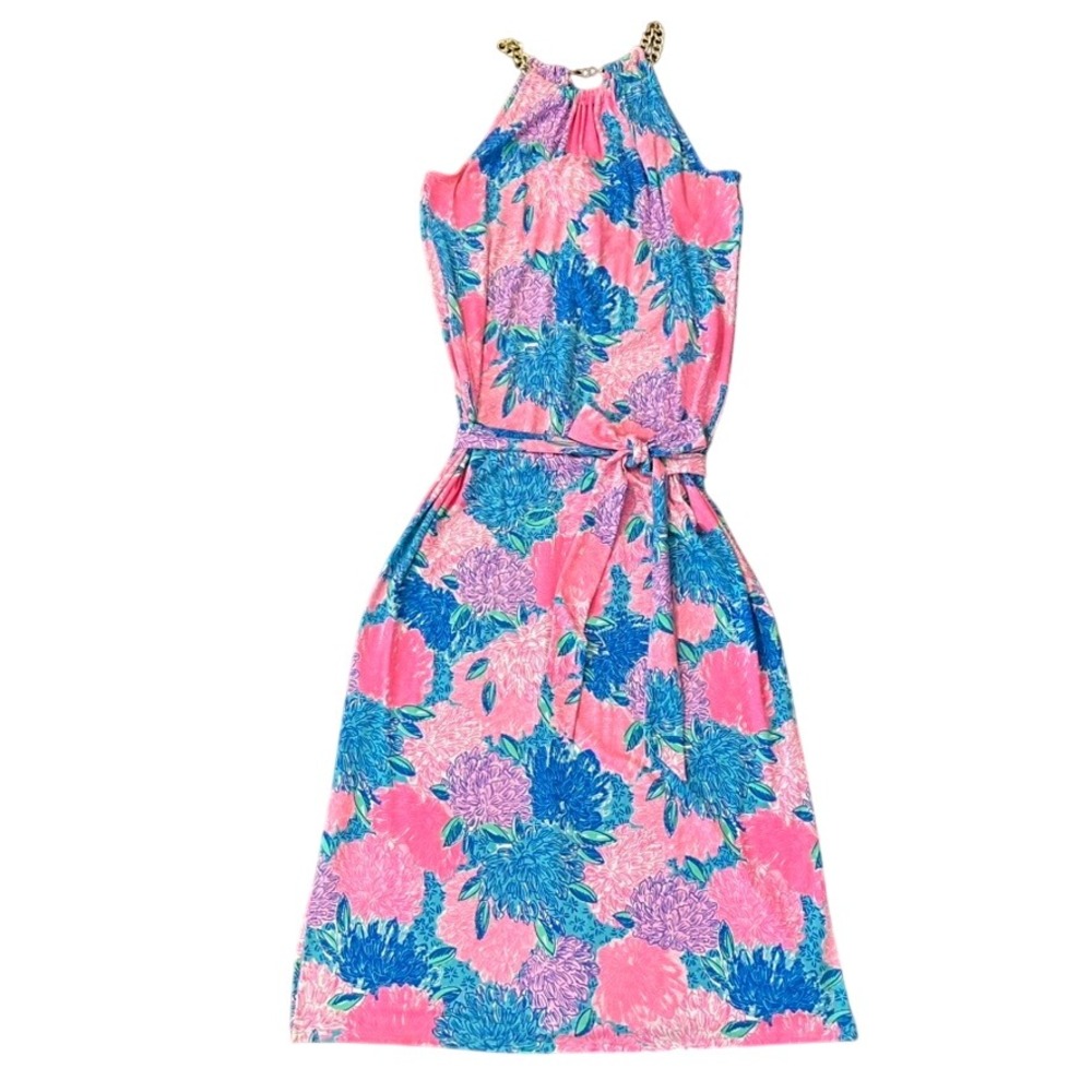 Lilly Pulitzer Maxi Dress Womens L Floral Halter Belted Sash Stretch Gold Chain